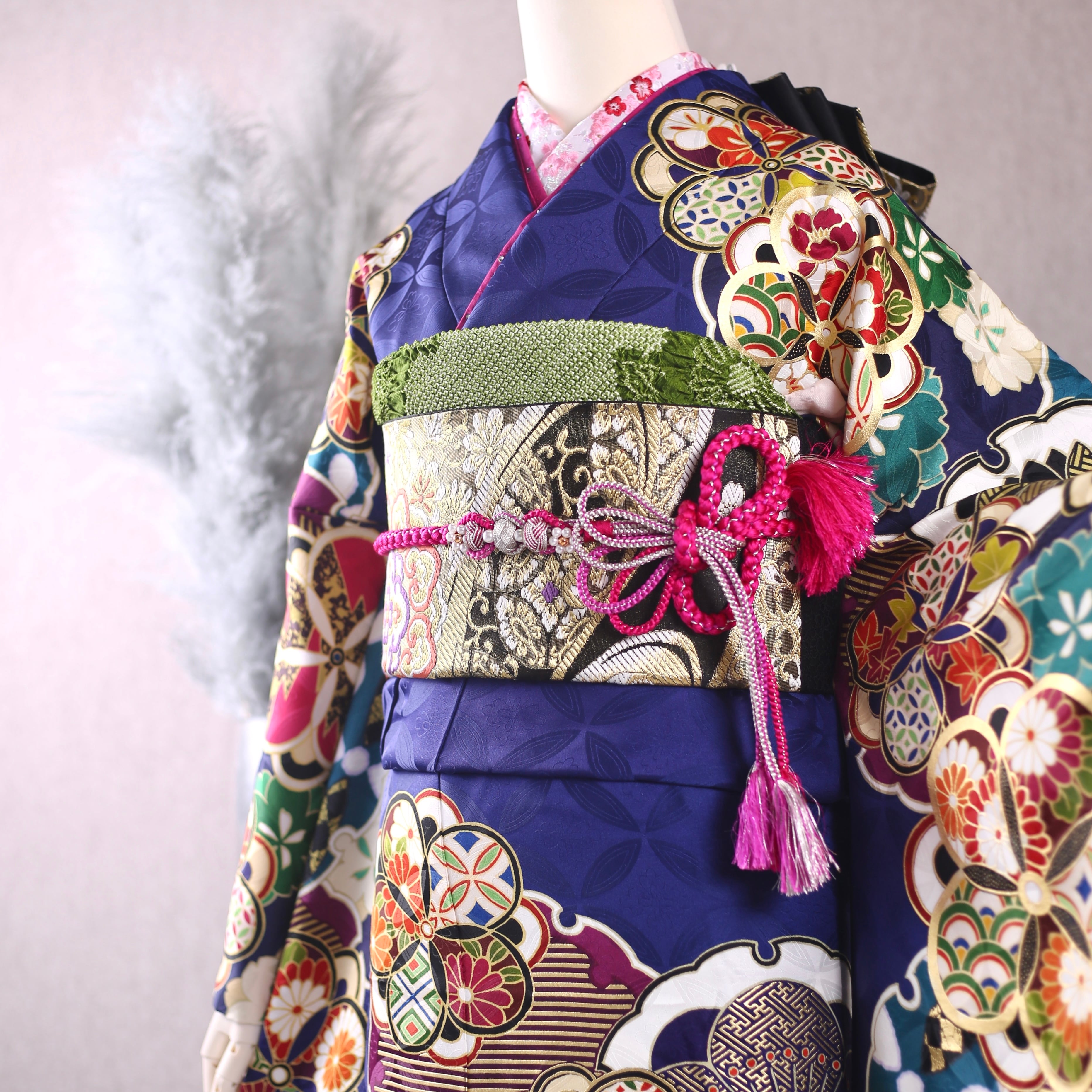 振袖フルセット 振袖セット 振袖 LLサイズ 青×レトロモダン 美品 成人 