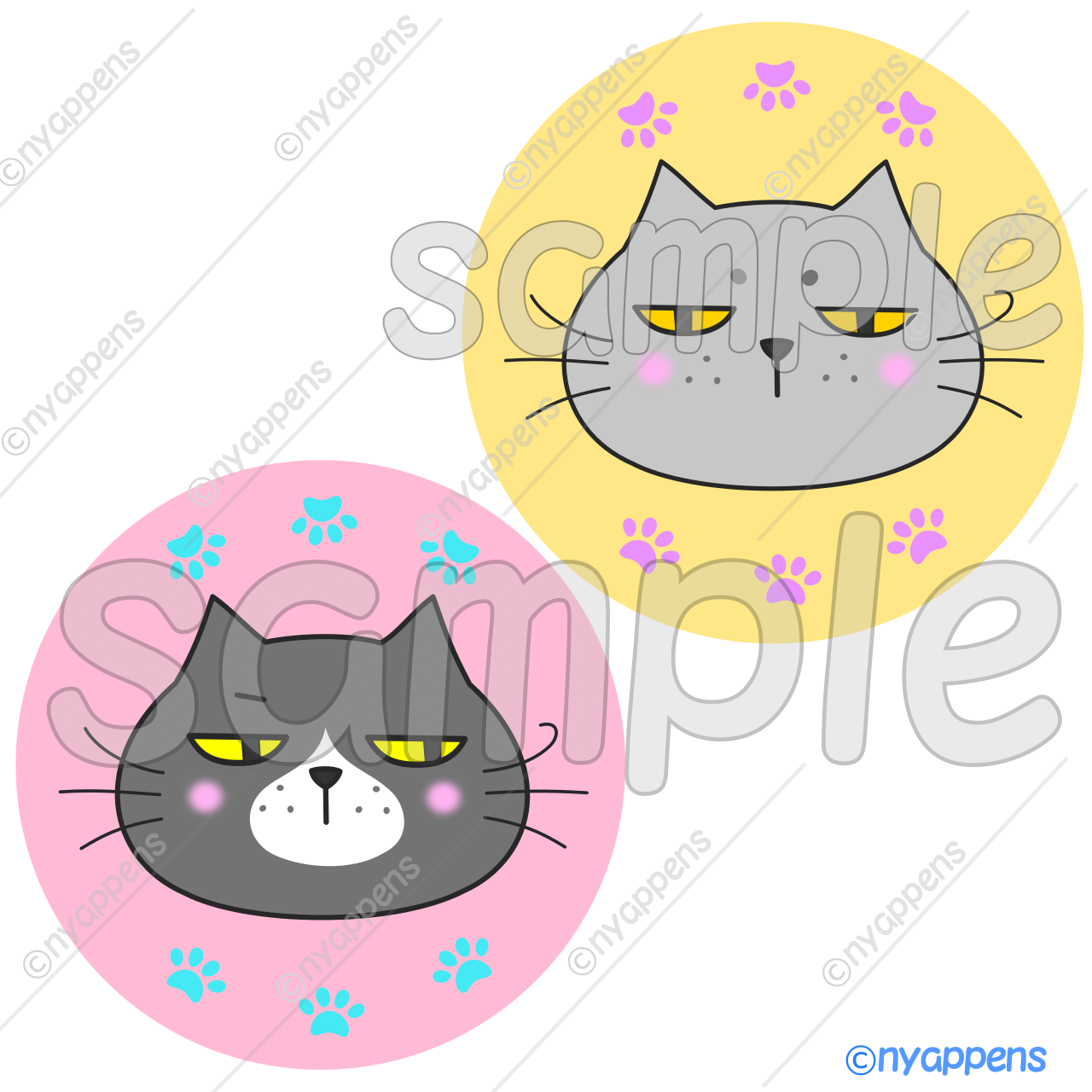 【商用利用OK】猫イラスト(ヒゲまる/全20種類セット)シールやアイコン、素材に!