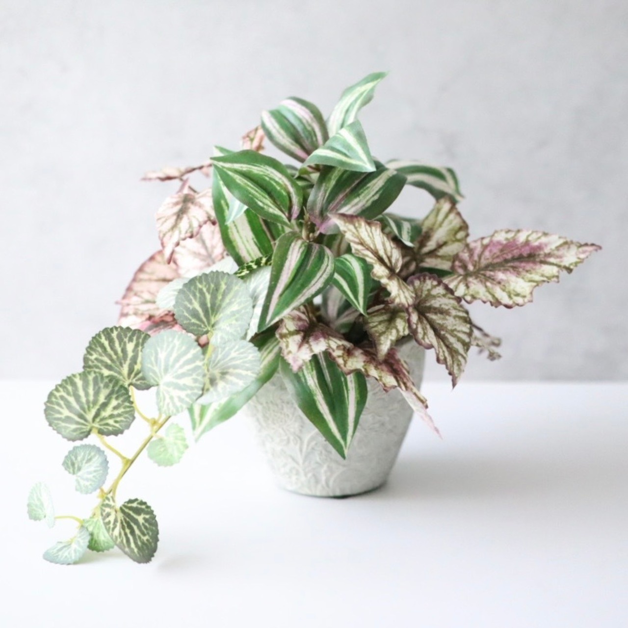 フェイクグリーン 寄せ植え ベゴニア 観葉植物 ポット 造花 セメント鉢 グレー 卓上