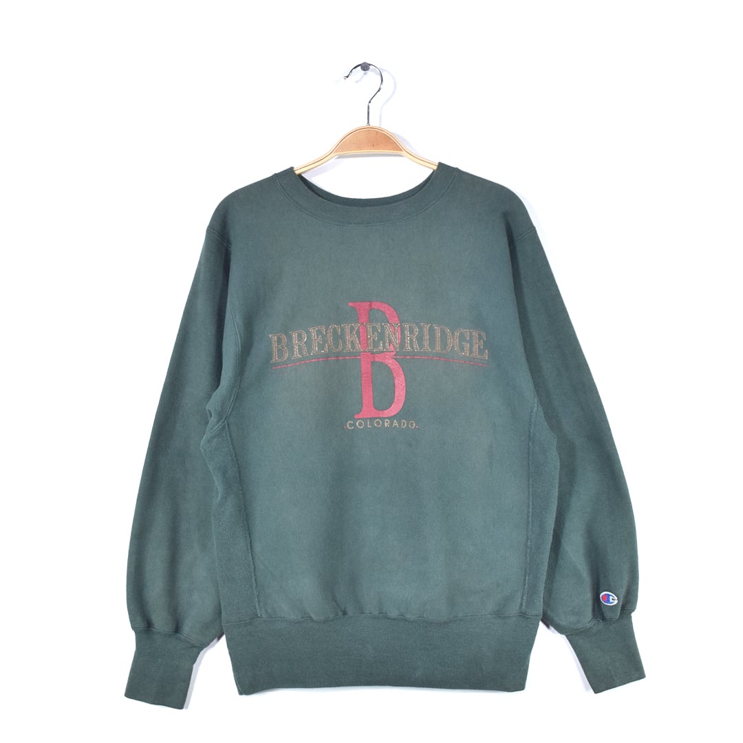 90s チャンピオン USA製 リバースウィーブ ヴィンテージスウェット 深緑 カレッジプリント CHAMPION メンズM 古着 @CF0831