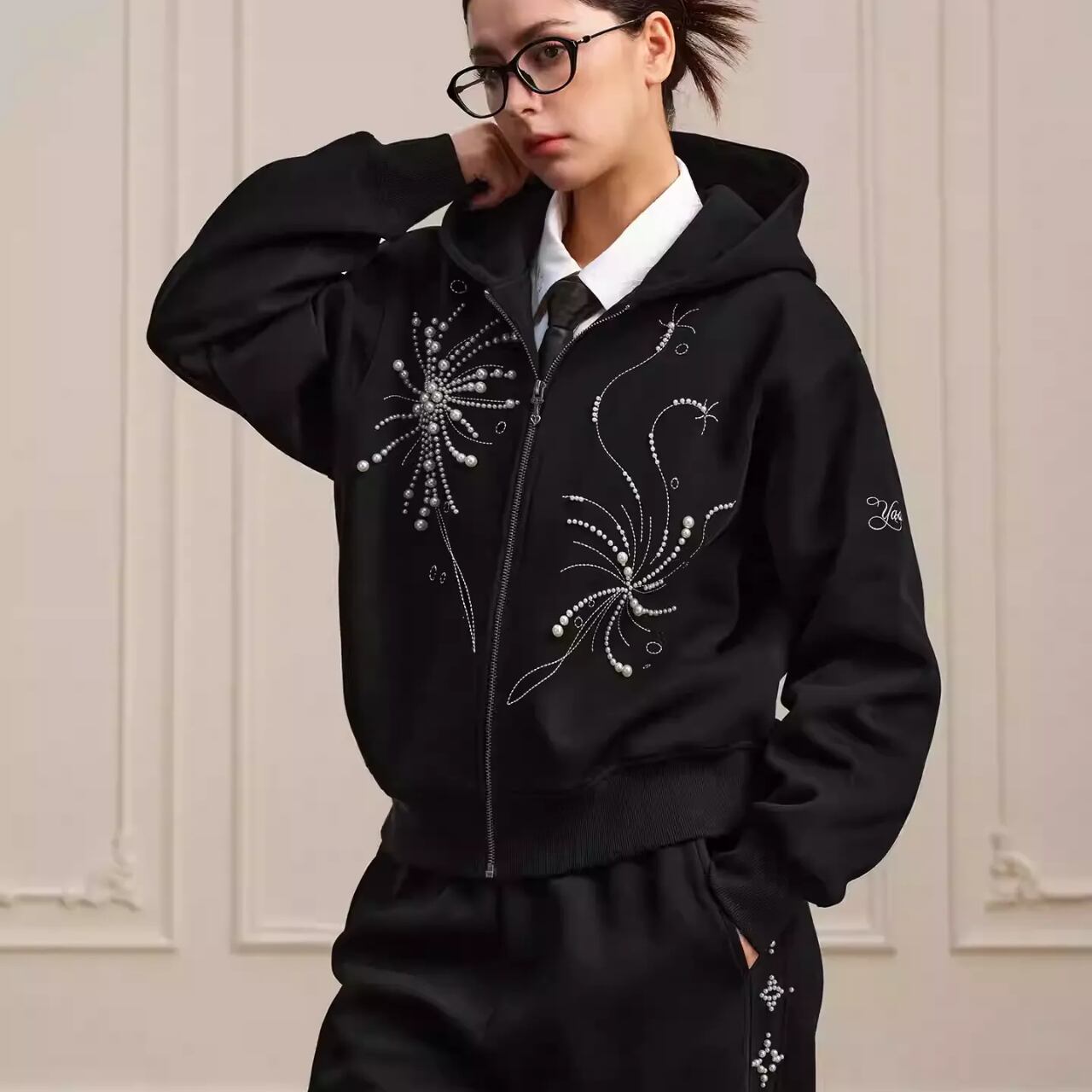 DRIP6834】YAD CREW Fireworks Pearl Embroidered Zip Hoodie | DRIP