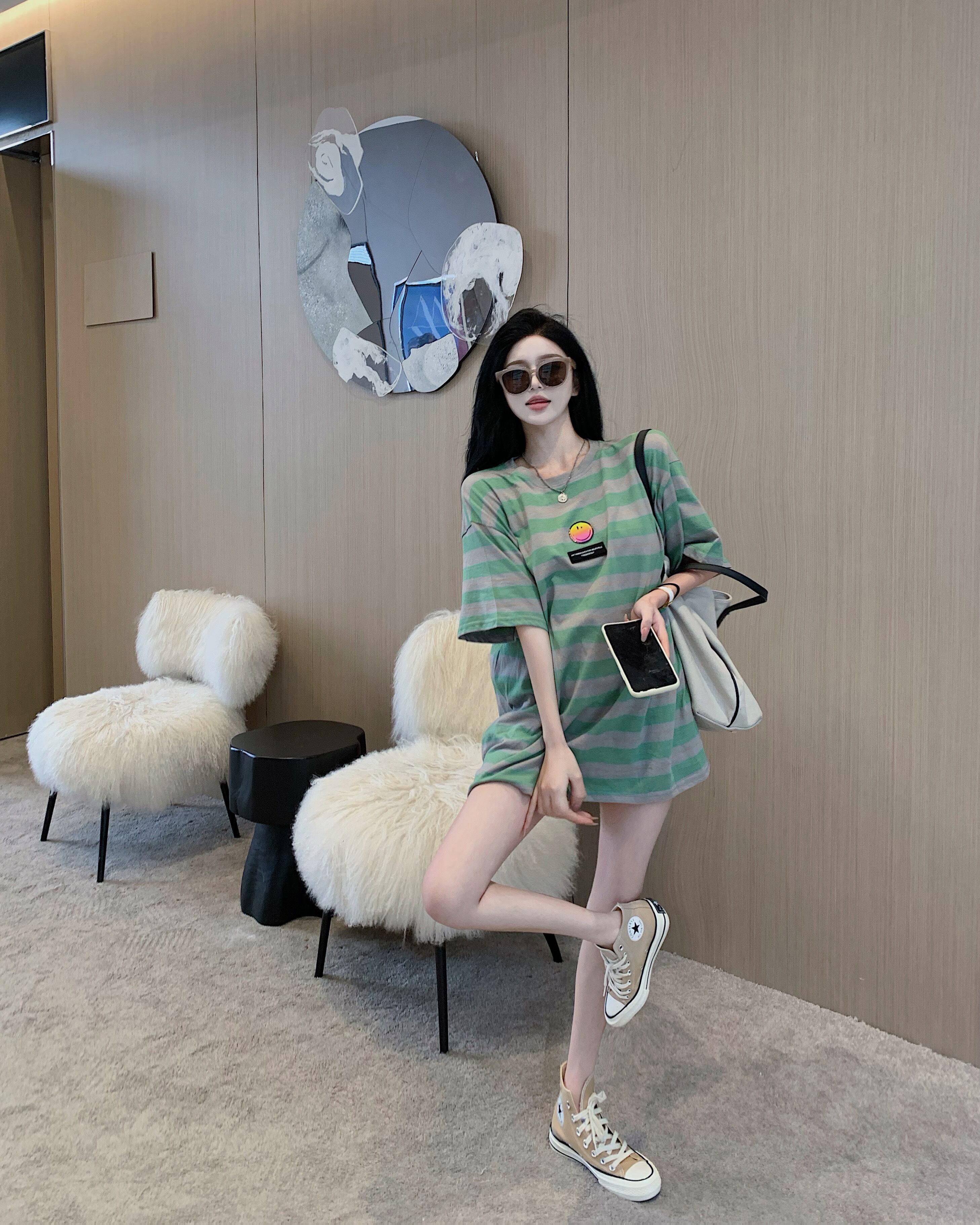 スリーブTシャツ サマーストライプルーズトップス 夏物 ブラックストロベリース41484795680