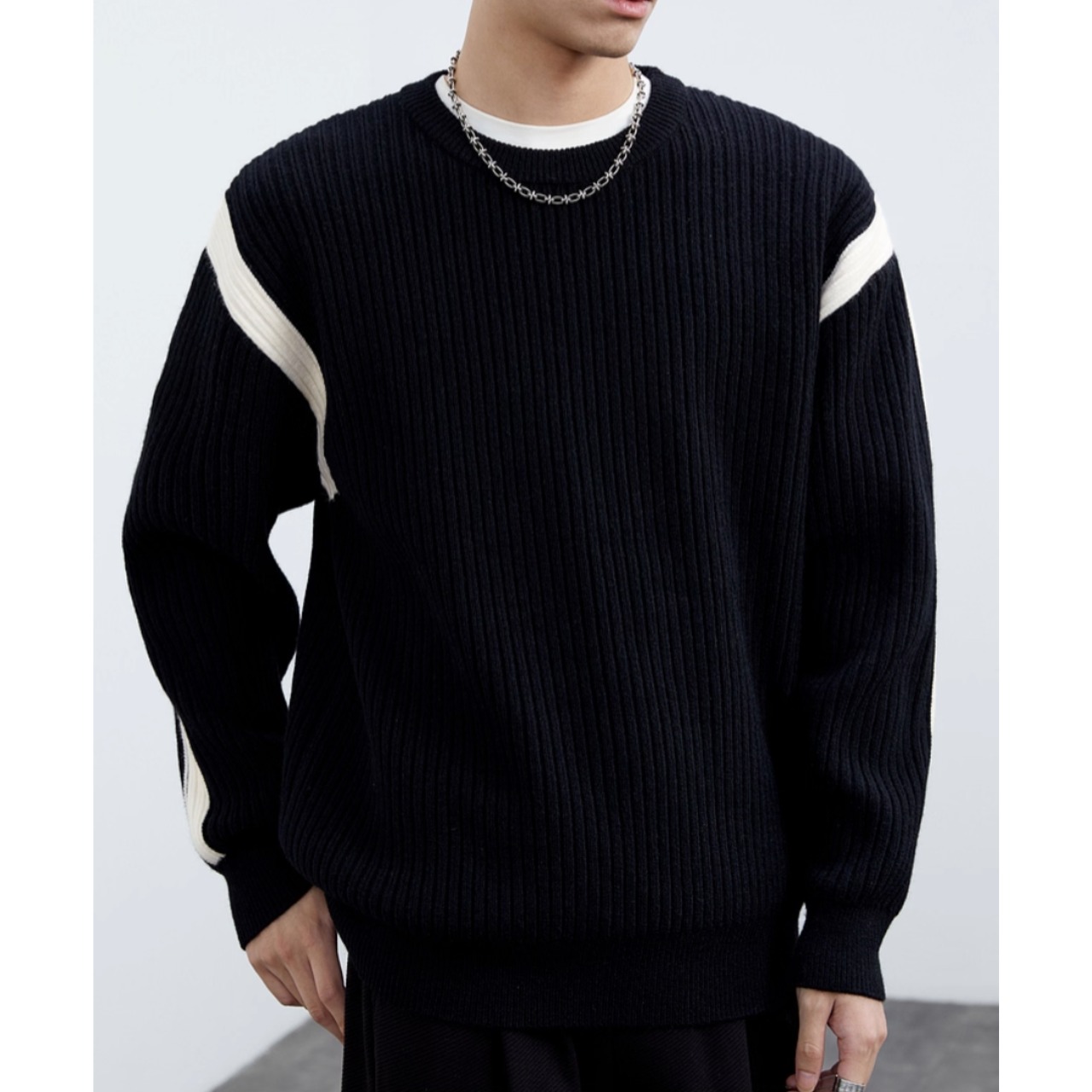 ショルダーラインデザイン ラウンドネック 長袖リブニット af0336