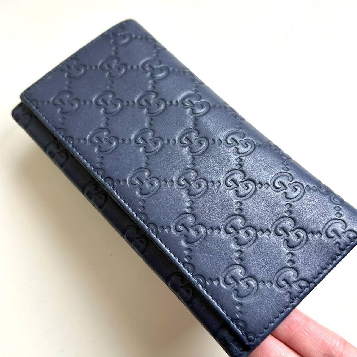 【GUCCI（グッチ）】グッチシマ 長財布 ネイビー シルバー金具 本革 グッチ GUCCI 長財布 グッチシマ ネイビー | 万福財布