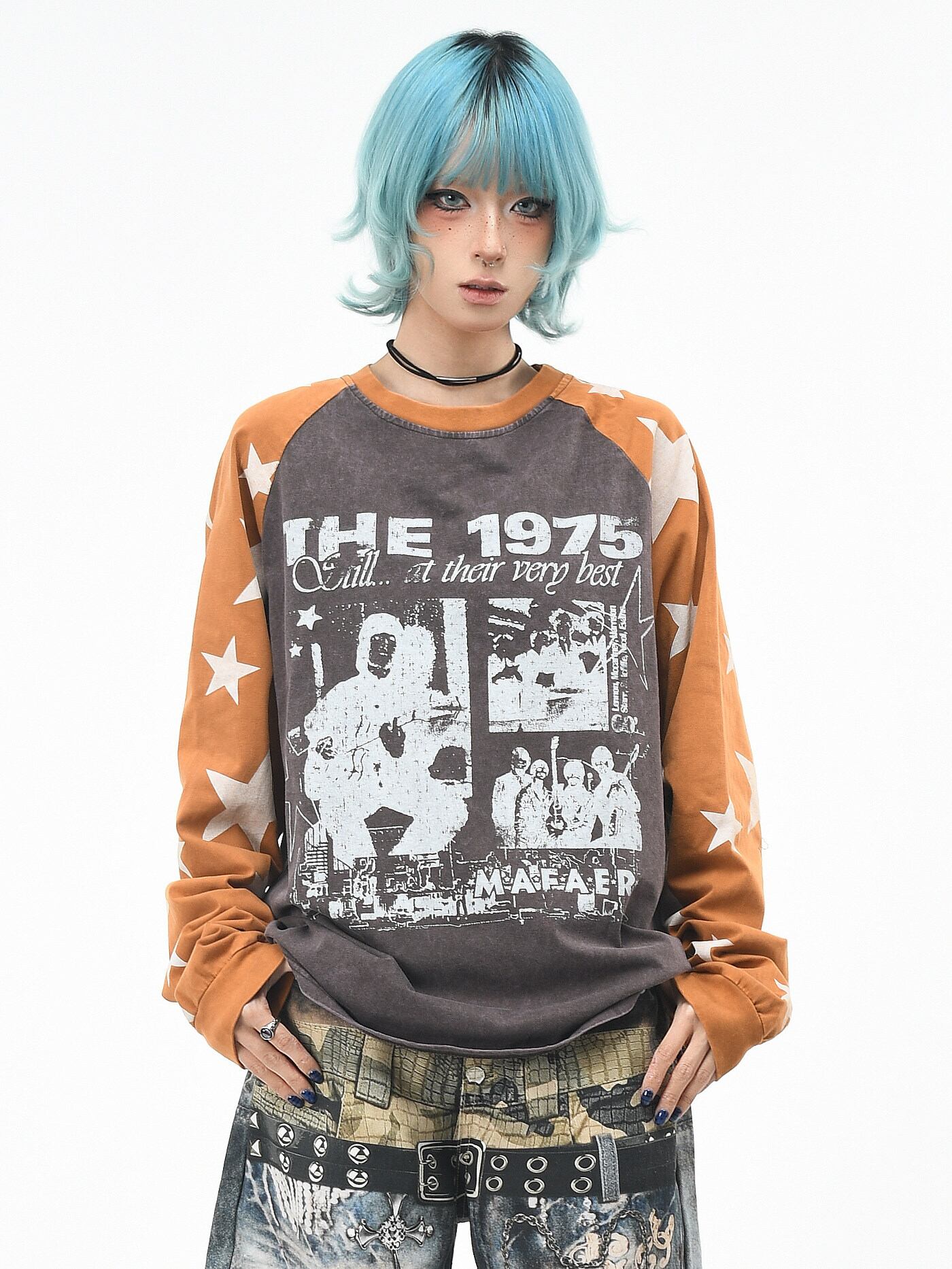 【OV EuroV】ヴィンテージグラフィック × スタープリント 配色ラグラン長袖Tシャツ
