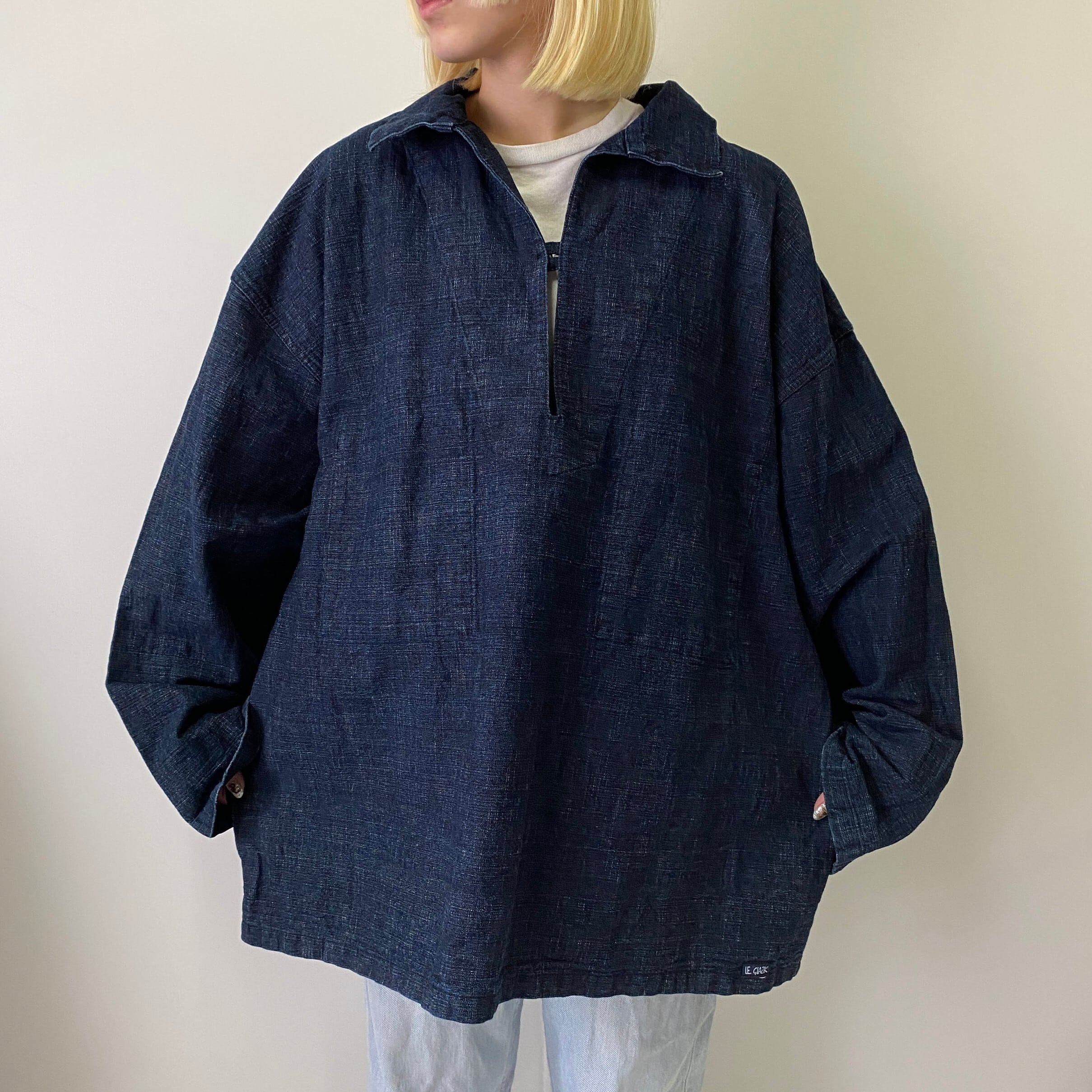 1980s ビンテージ刺繍スモッグシャツプルオーバーインディゴ古着屋 1980s ビンテージ刺繍スモッグシャツプルオーバーインディゴ古着屋