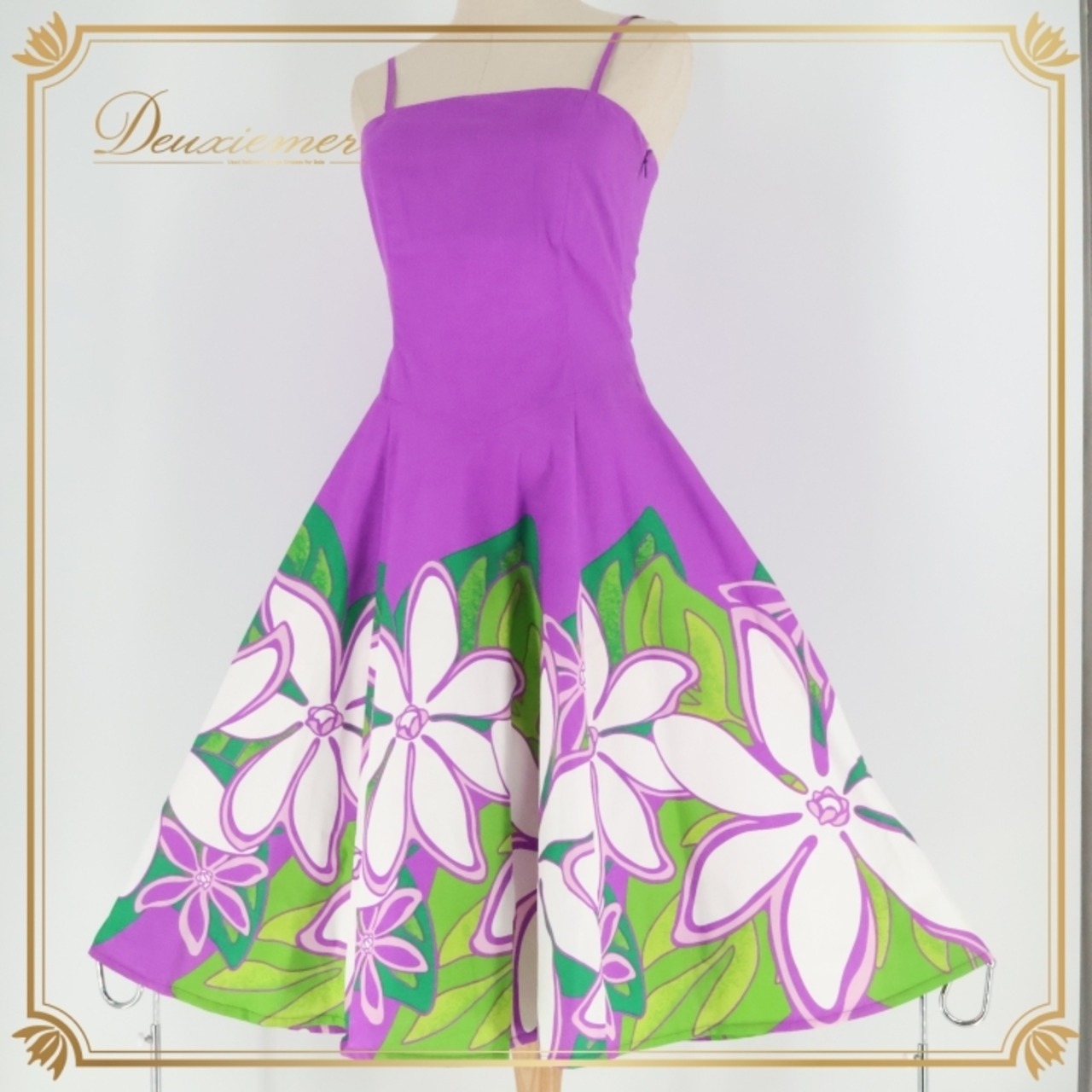 フラダンス 衣装 ワンピース ドレス セキノレーシングスポーツ パープル系 日本製 キャミソールドレス ティアレ柄 かわいい 華やか 鮮やか 明るい 紫 緑 白 ハワイアン アロハ ハワイアンプリント フラ ダンス レッスン 練習 レディース おしゃれ
