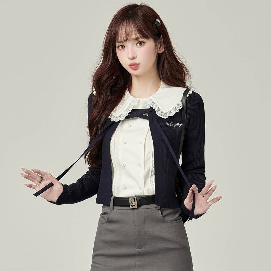 トップス カーディガン ニットカーディガン 長袖 リボン 前開き