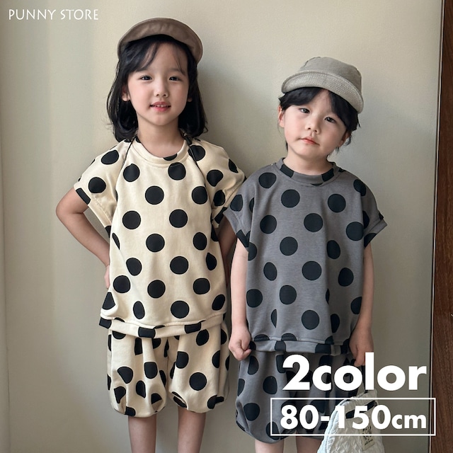 《取寄》ポルカドットセットアップ （全２色） QQMM 2024夏 韓国子供服 水玉 ドット dot シンプル 上下セット リンクコーデ