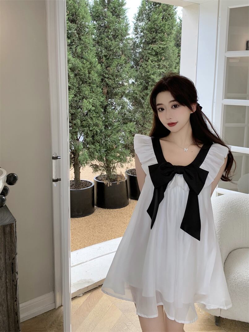 リボンドレス サマーショートスカート ホワイト 大人ガーリー スウィート キュート カジュアル 夏物 ピュア ブラックストロベリース20699226608