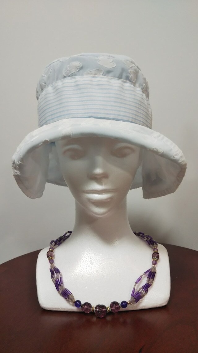 雲柄オーガンジー×ボーダーリボンのクロッシェ ハンドメイド