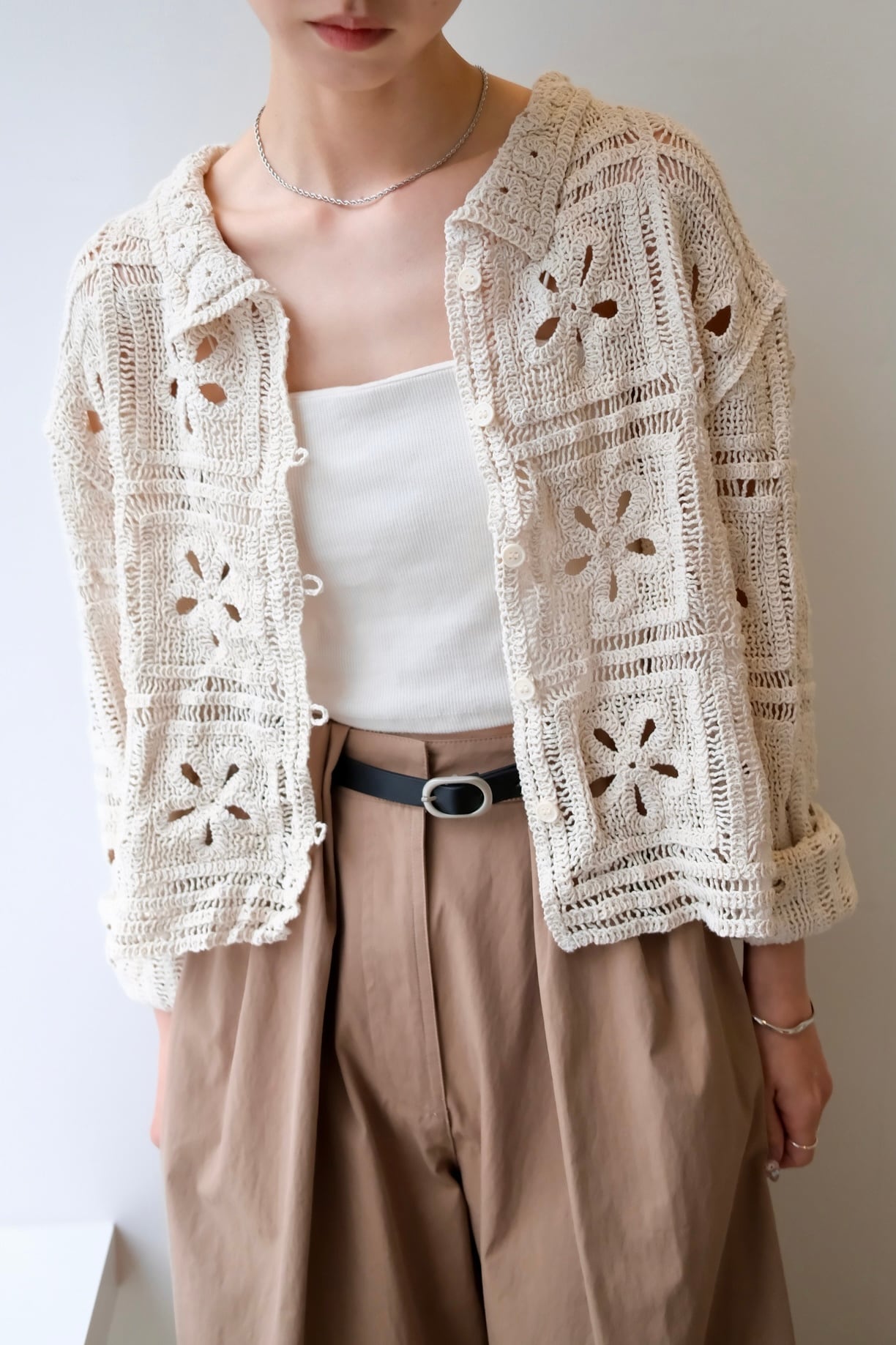 Crochet Knit Cardigan カギ編みニットカーディガン White | planet3rd