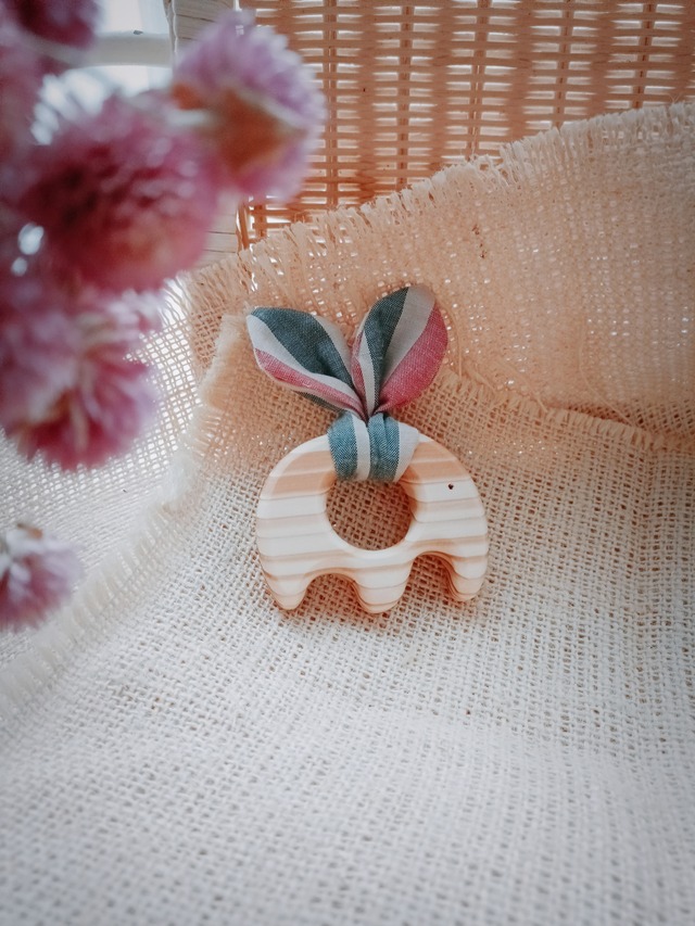 Wooden Bunny teether/パインウッドうさ耳アニマル歯固め♡ストライプ