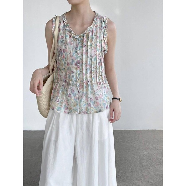 floral pintuck frill blouse