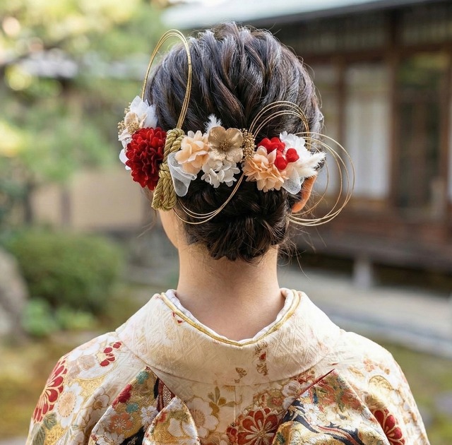 ピンポンマム髪飾り　レッド　成人式　卒業式　結婚式