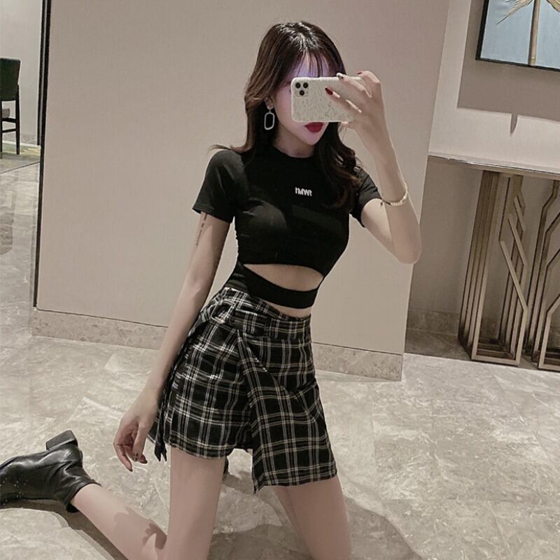 スタイルショートボタンTシャツ 格子柄スカート パンツ レディース ハンチェンe67250958518