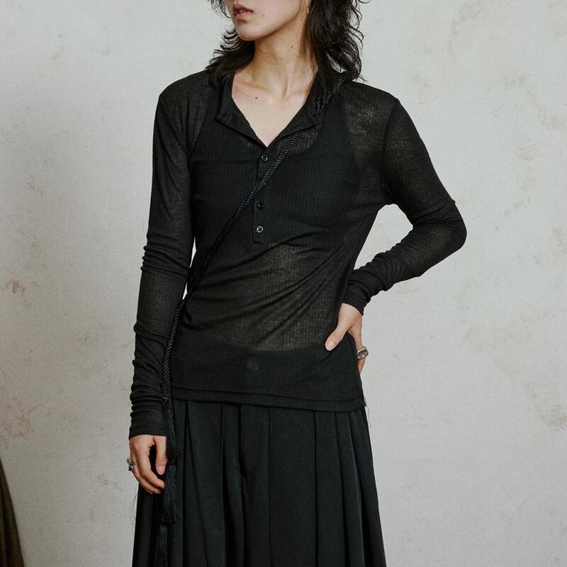 ボタンフロント 長袖 シースルートップス 2color MTO0426