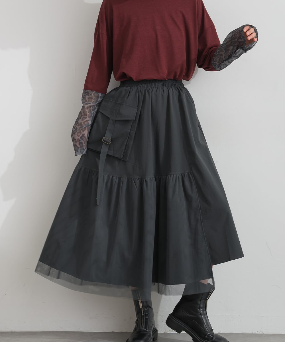 D263235 チュールレイヤード アシンメトリーカーゴロングスカート
