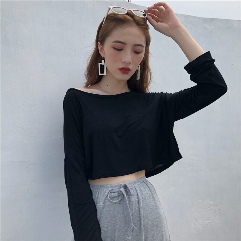 ソリッド カラートップス ショートルーズハイウェストTシャツ レディース ロング ソリッドカラー YY-ファッション76779634317