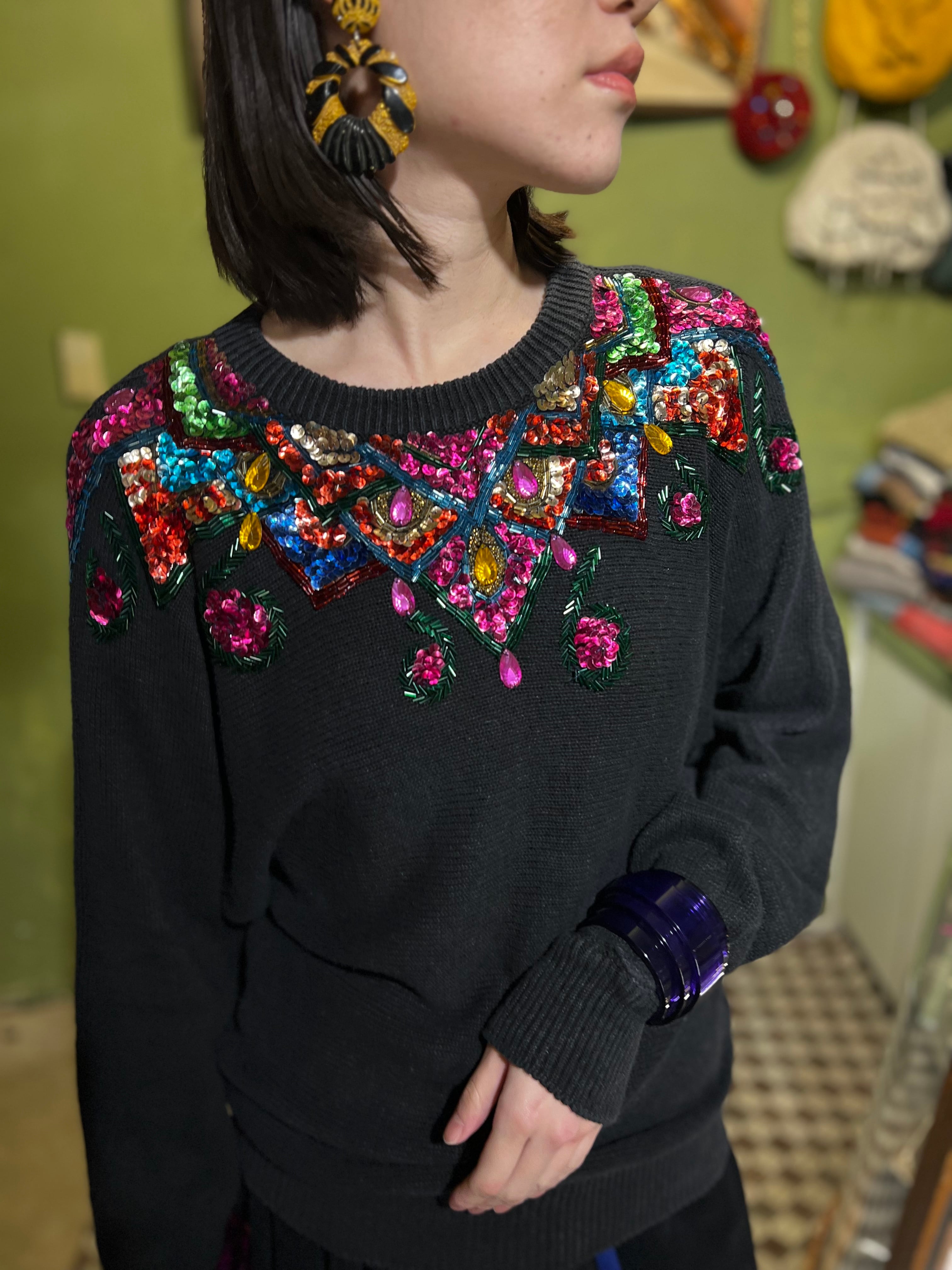 80s black × multicolor spangle bijou knit tops