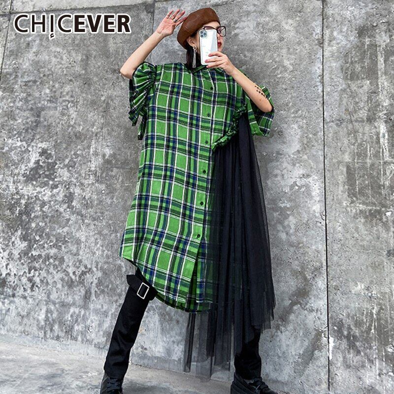 CHICEVERパッチワークメッシュドレスラペルカラーフリルスリーブオーバーサイズルーズアシンメトリーミディド​​レスレディース2020夏 サマー 夏物 6base521985180730