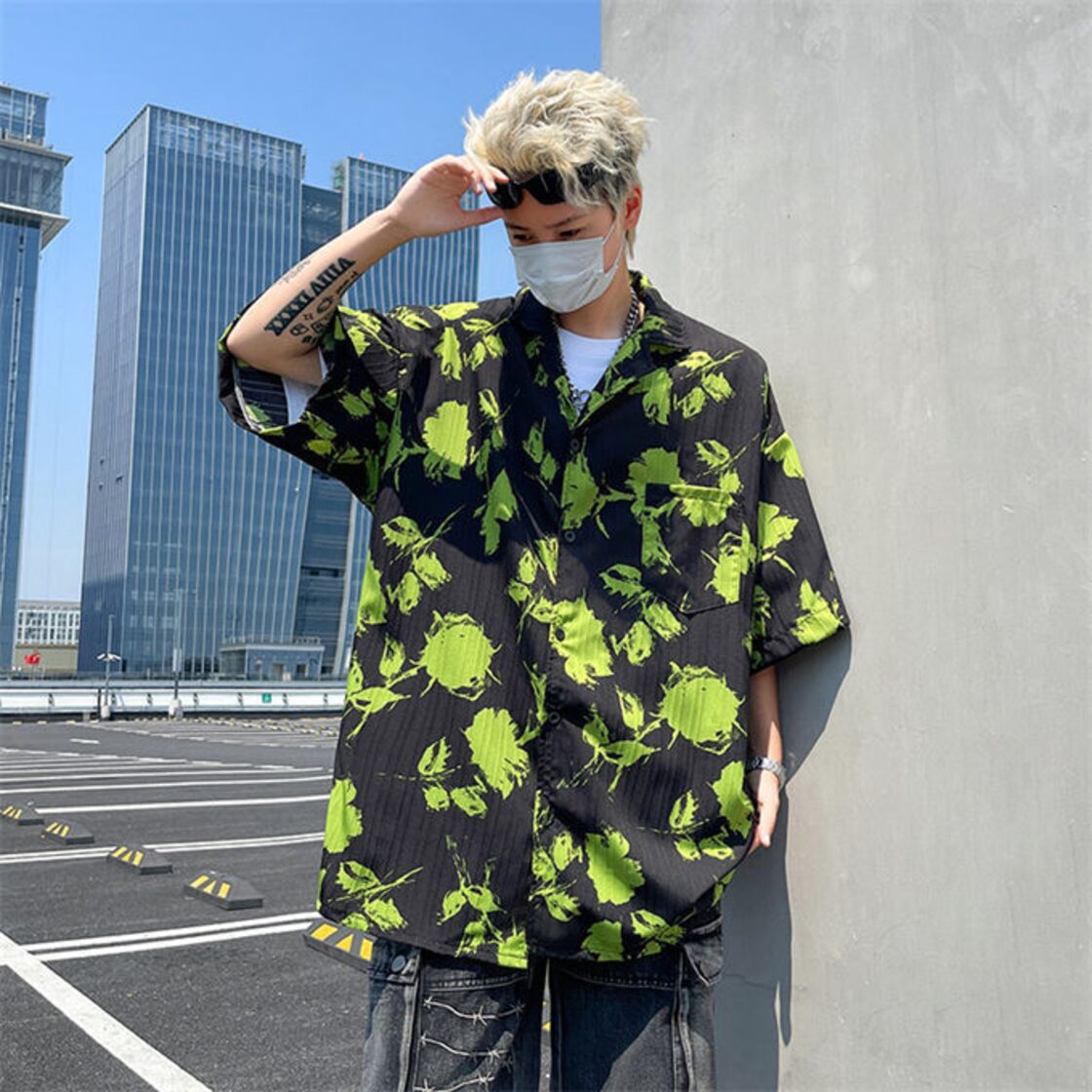 シャツ メンズ 5分袖 半袖 プリント ビッグシルエット オーバーサイズ 