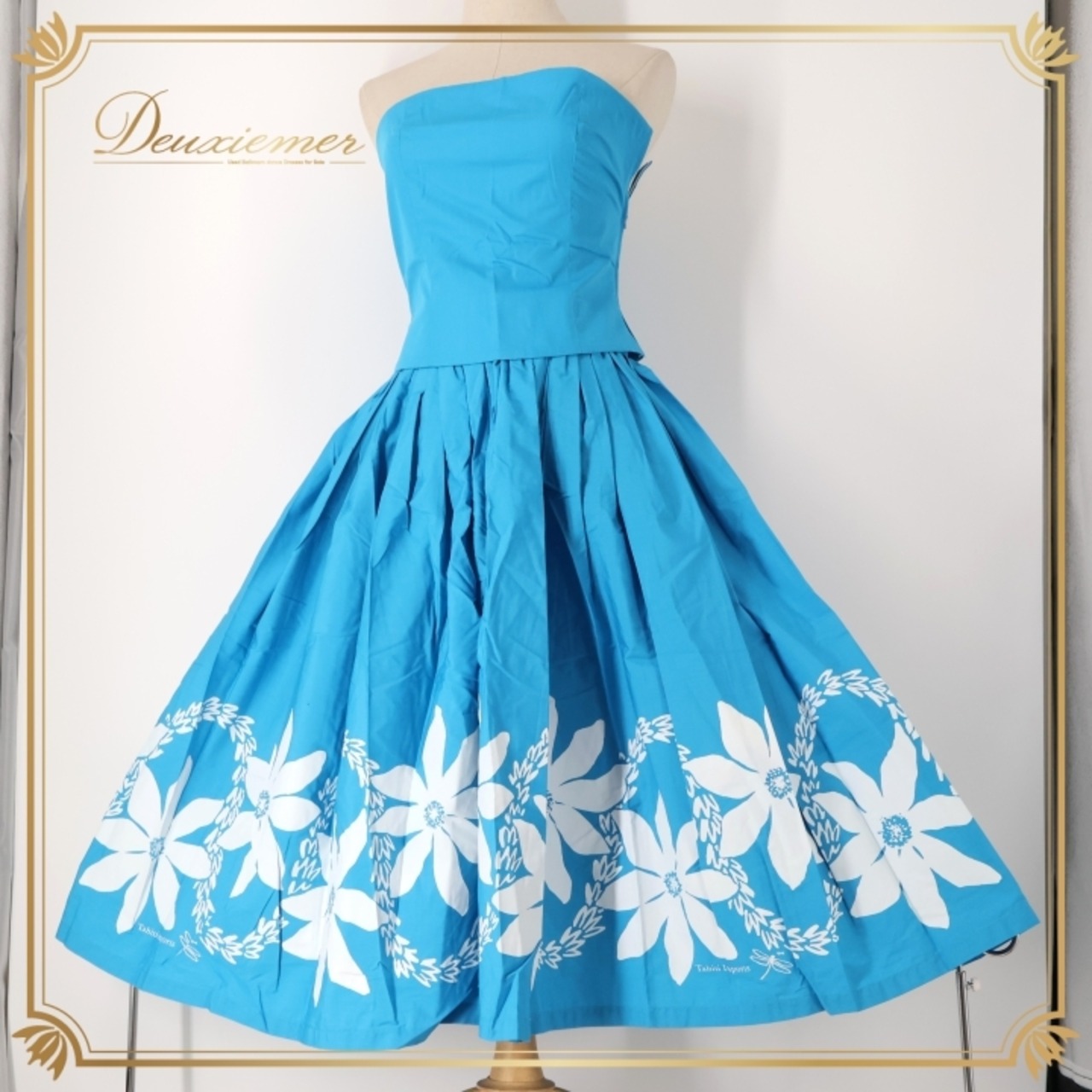 フラダンス 衣装 ツーピース セットアップ 上下セット ブルー系 タヒチインポーツ ティアレ柄 ハワイアンプリント TAHITI IMPORTS アロハ フラ ダンス レッスン 練習 花柄 植物柄 華やか かわいい おしゃれ 鮮やか さわやか 上品 ホワイト系 水色 白 リゾート スタイリッシュ 女性用 スカートセット