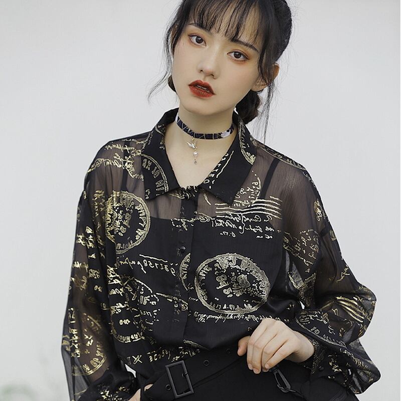 サブカル 服 地雷系 通販 シャツ 長袖 ランタンスリーブ シフォン レトロ柄 闇かわいい 黒