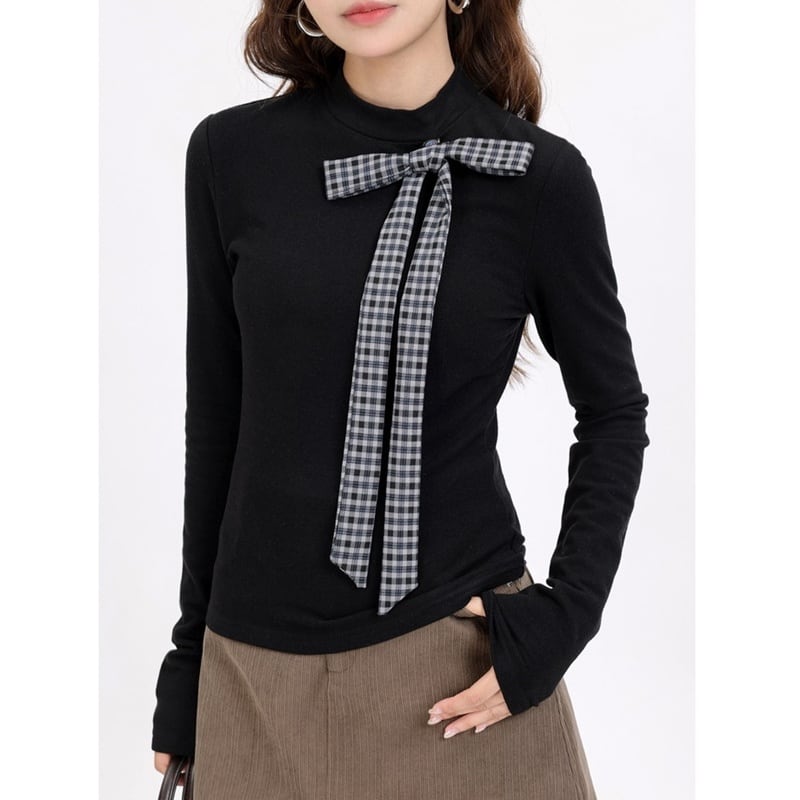 checked-ribbon mock neck slim knit m0977