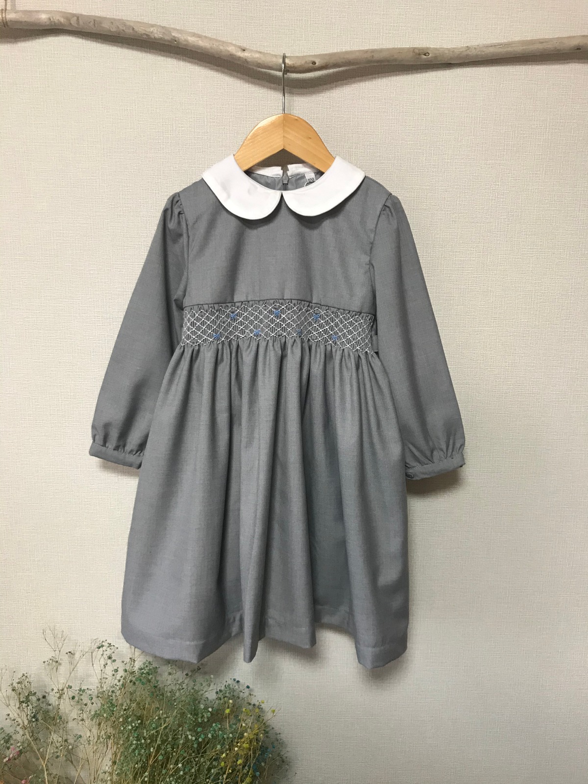 即納】定番 グレー 長袖 スモッキング ワンピース 入学式 入園式 90 95 
