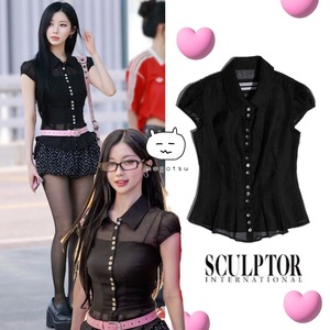 ★BABYMONSTER アサ 着用！！【SCULPTOR】Sheer Pleated Hem Blouse Black