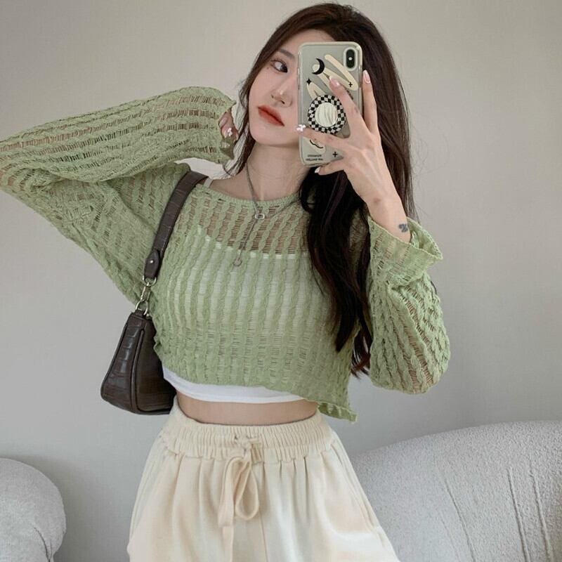 オータム薄手ブラウス レディースラウンドネックルーズセーター ショートトップス ロング ストリート 秋物 Oネック ガールズファッション68900398771