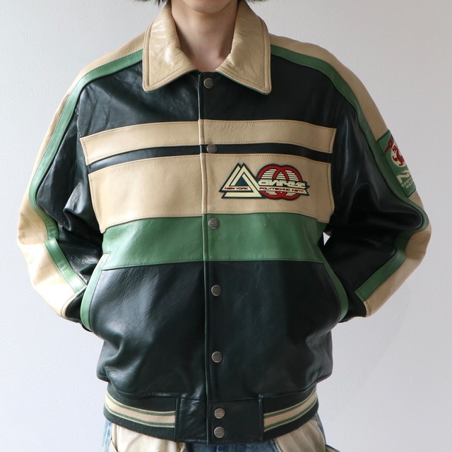 AVIREX  USA VARSITY レザージャケット ブルゾン グリーン ベージュ アヴィレックス