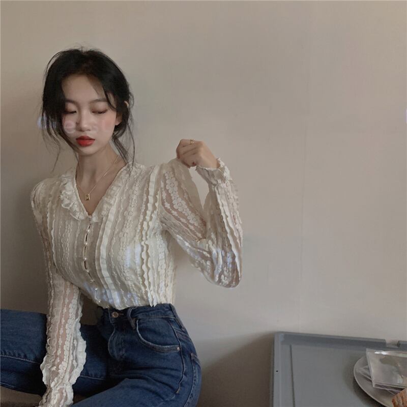 フランスのVネックレースシャツレディース秋のデザインセンスニッチ半袖半袖シャツ2020新しいホワイトトップ ブラックストロベリース82161378870