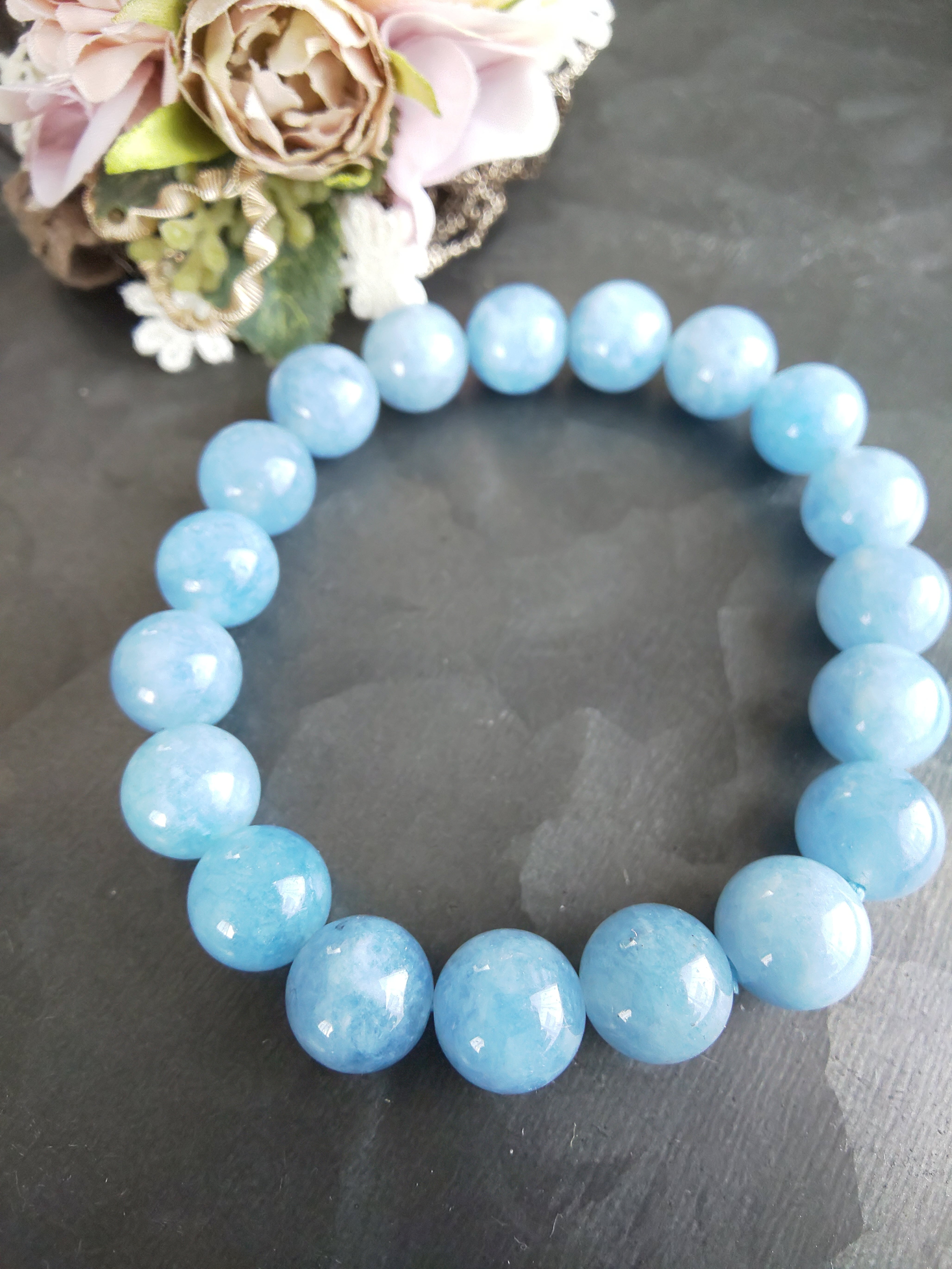 ①天然石 12mm チョコ　コットンアクアマリン　内周17cm ①天然石 12mm チョコ コットンアクアマリン 内周17cm 福岡の雨