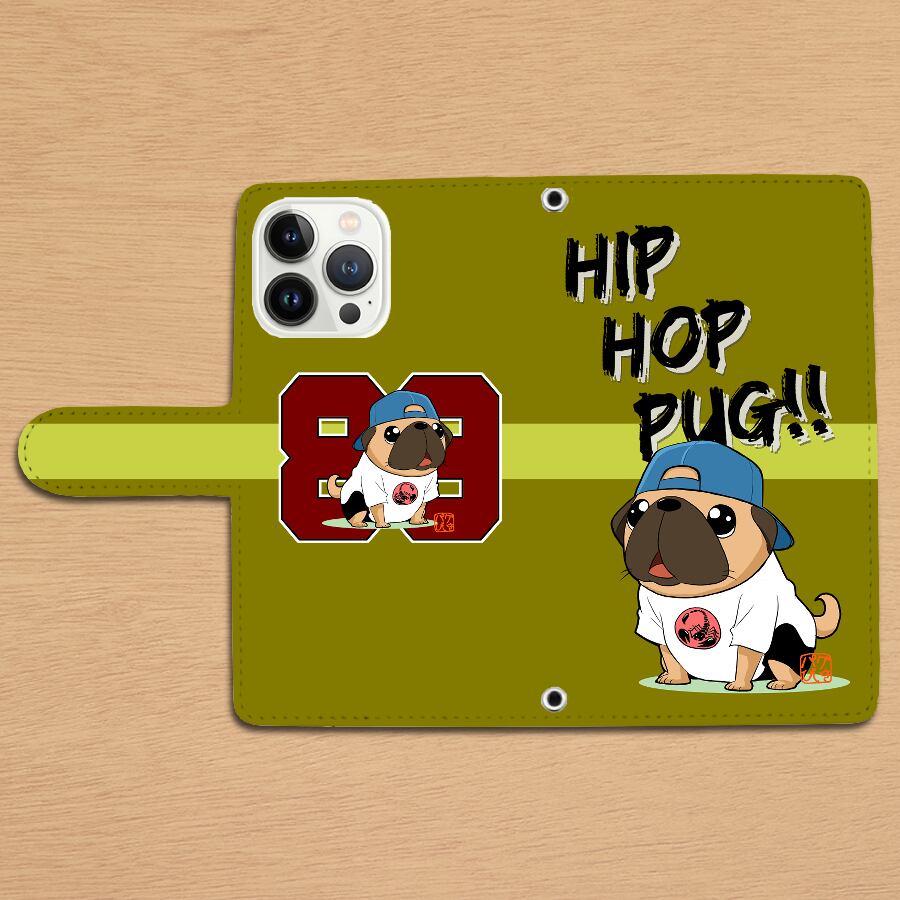 スタンド付き 両面印刷 手帳型 iphoneケース Hiphopパグ（フォーン）