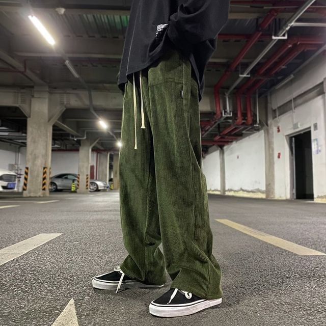 【予約販売】ワイドパンツ ボトムス メンズ 無地 コーデュロイ シンプル ルーズストレート カーキ ネイビー ブラック カジュアル こなれ感 お洒落 韓国 トレンド 秋 冬 M/L/XL/2XL
