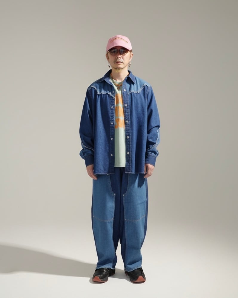 ブルー | ダブルニーバギー2WAYデニムパンツ | AMBERGLEAM