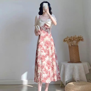 夏 ピンク バラ柄 お姫様 デート ロングワンピース