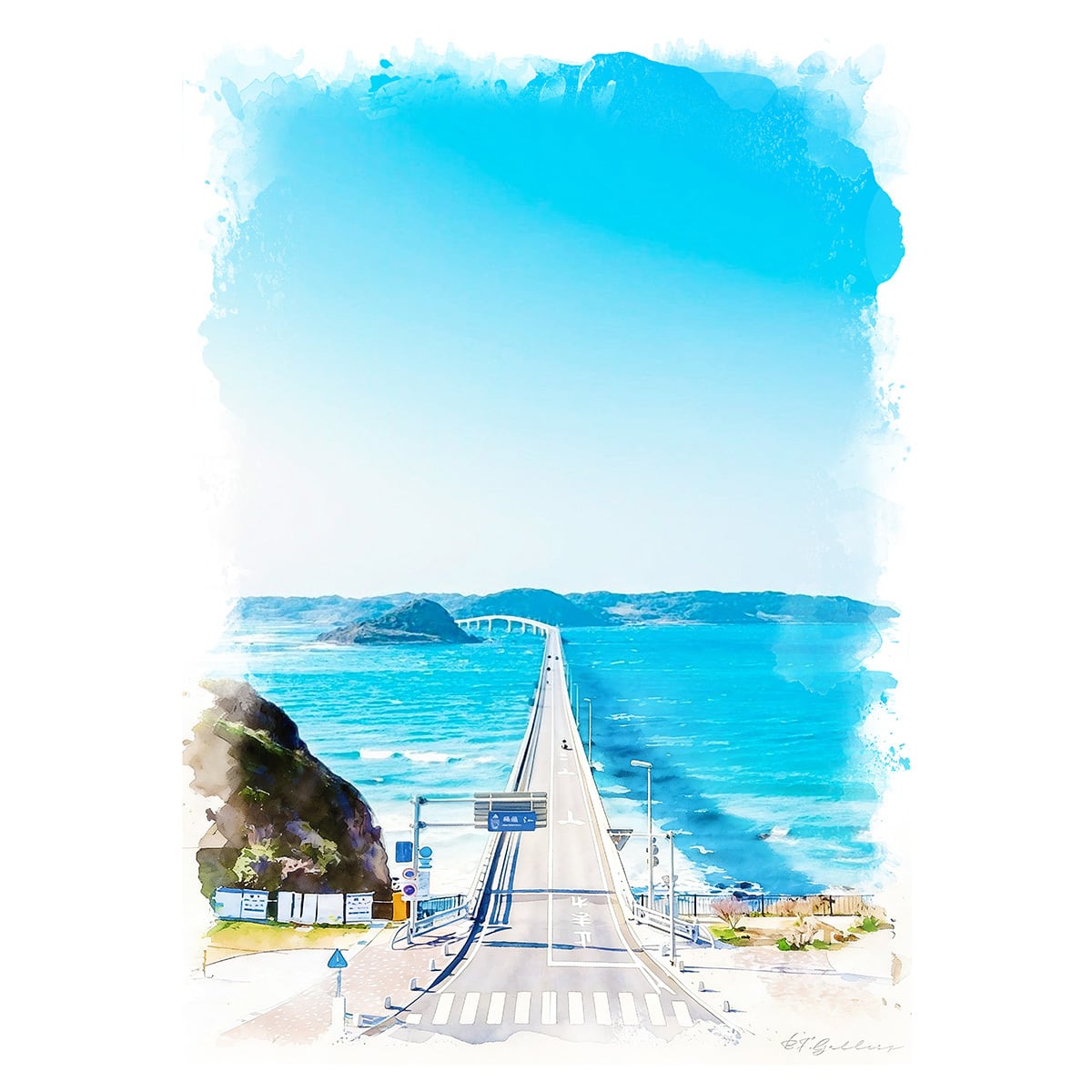 絵画 日本 山口県 角島大橋 風景画 インテリアアート額付き 水彩画