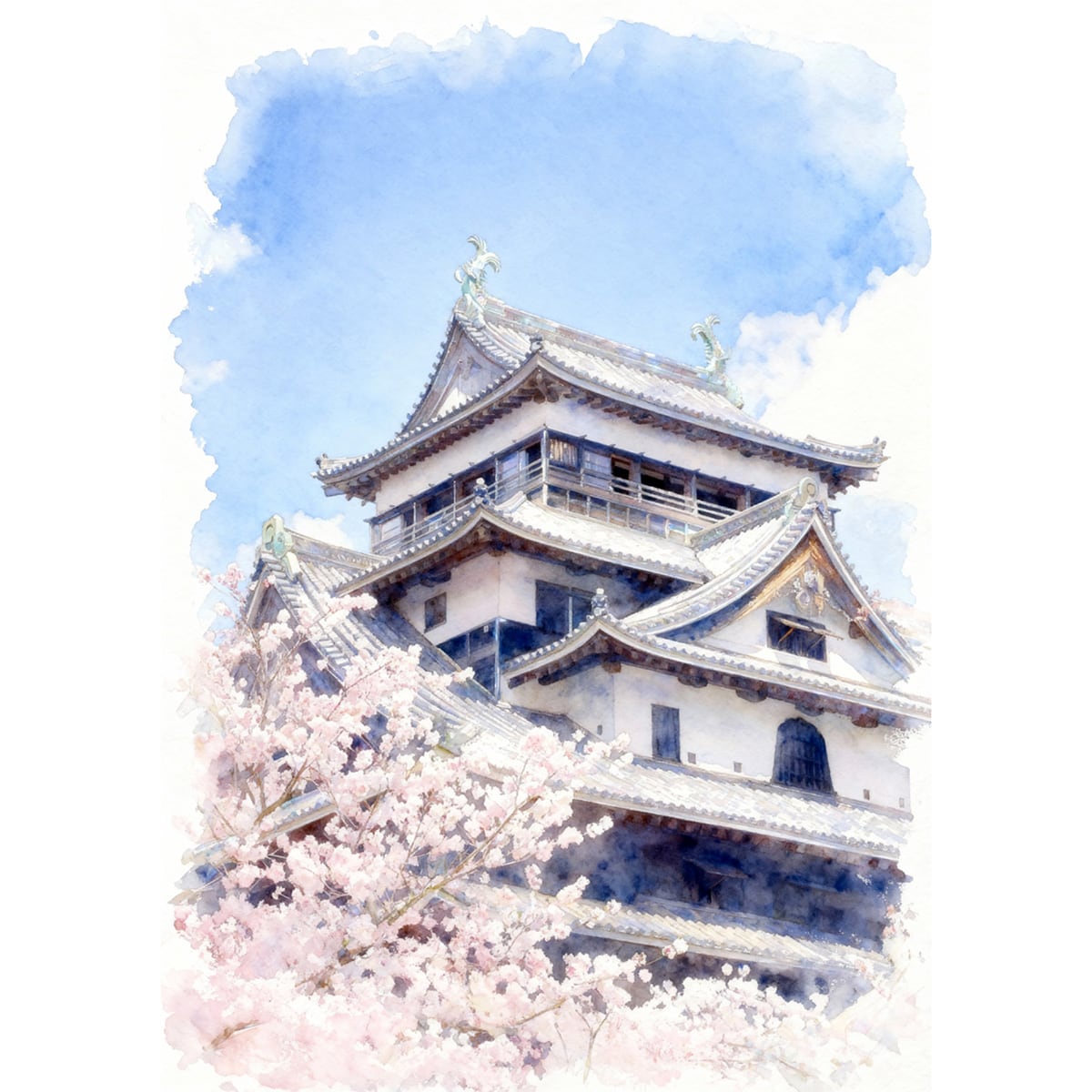 絵画 風景画 日本の城の春 島根県松江城と桜 インテリアアート額付き