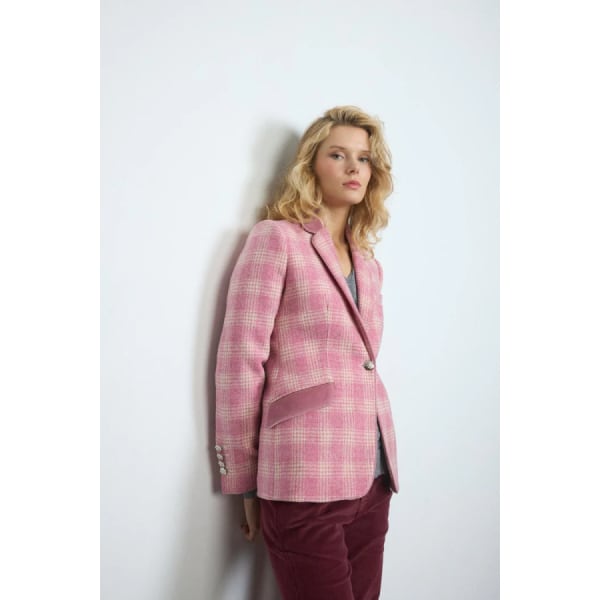 ピンク マドラスチェック×ベルベット テーラードジャケット アイボリー