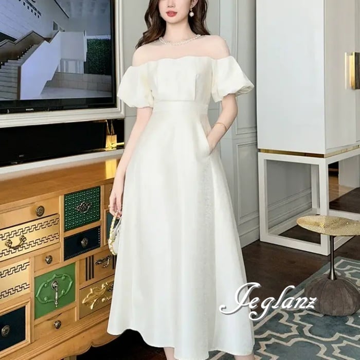 パーティ ドレス ワンピース 異素材 レース ビジュー シアー(MA036)ε