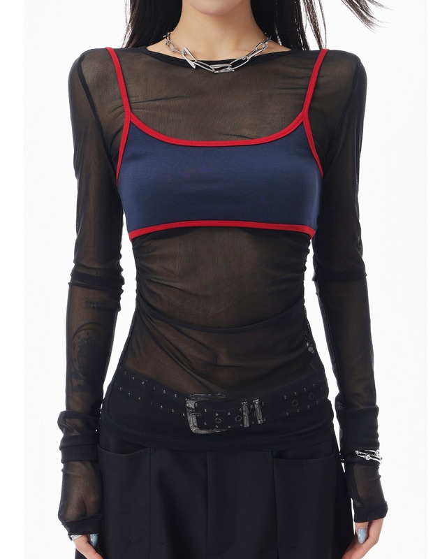 Mesh Layered Gather Camisole Cutsew（2color）［A0508］