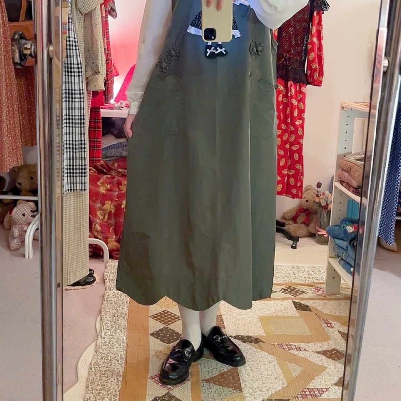 doll applique khaki jumper skirt