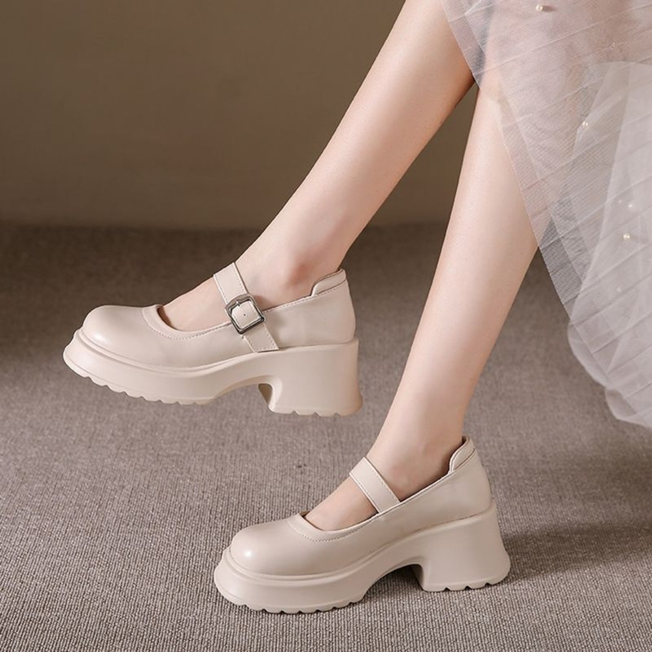 ストラップ  厚底 プレーントゥ シューズ  90015