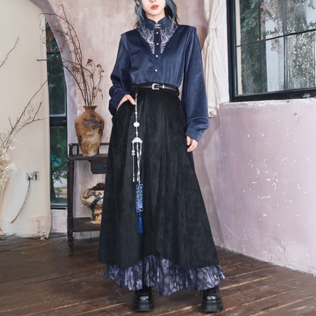 プリーツダブルレイヤード切り替えロングスカート（ruf_02674）