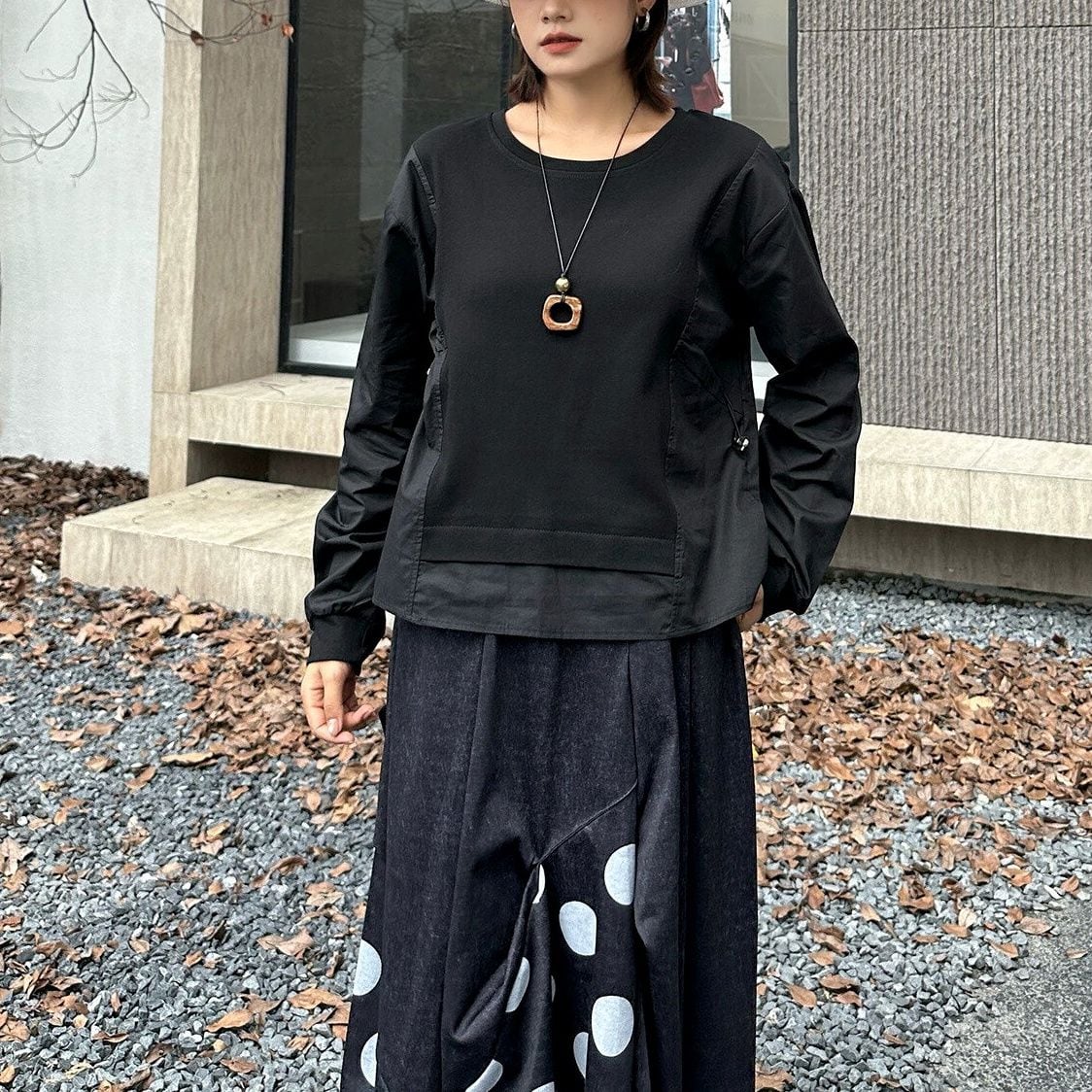 SOLID STITCH DESIGN ROUND NECK PULLOVER SHIRT 3colors M-16233