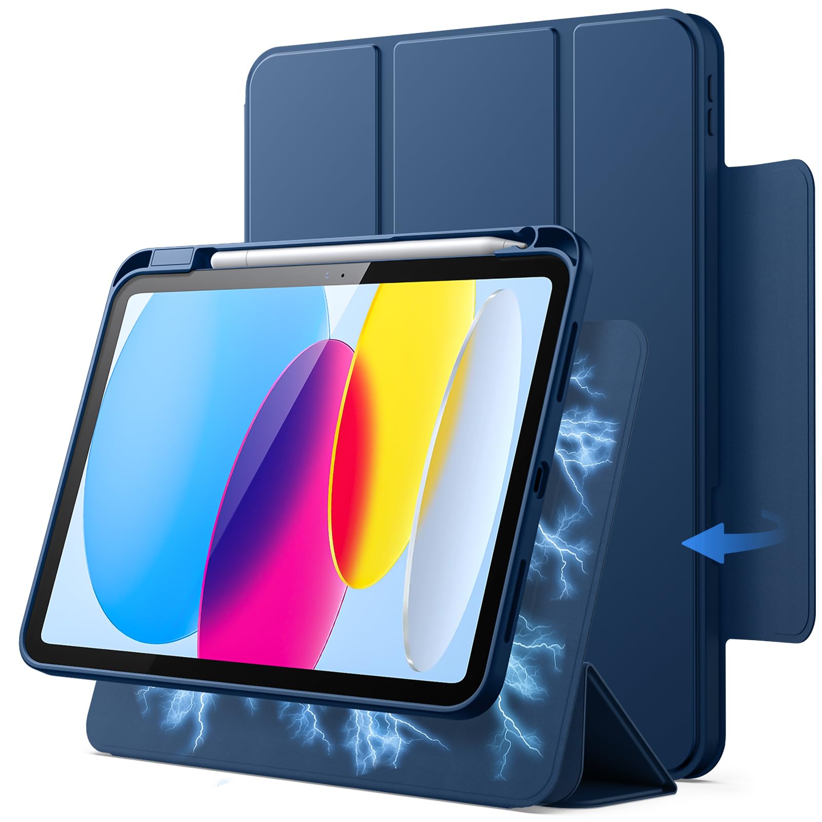 JETech iPad (A16) 第11/10世代用 磁気式着脱可能ケースカバー (ネイビー)