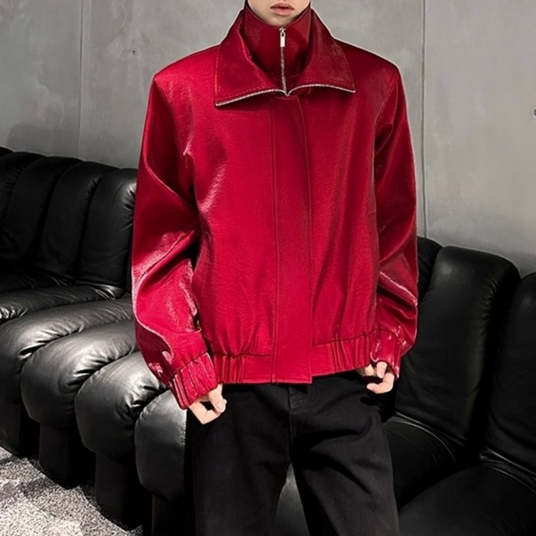 ダブルカラー 光沢ジップブルゾン 2カラー D12078